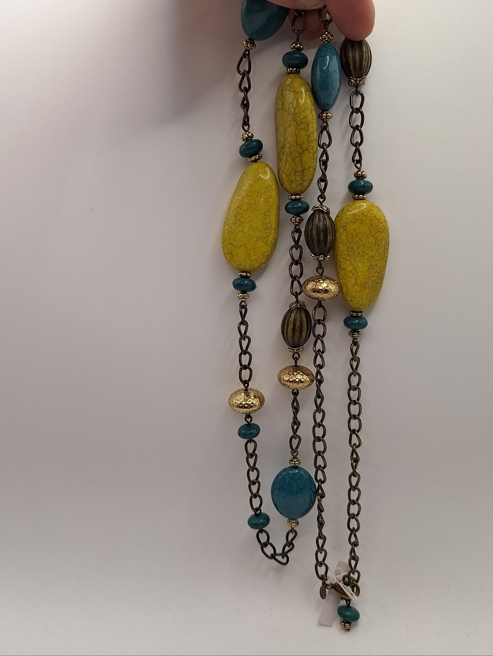 Boho Long Beaded Necklace Turquoise Yellow Stone Bronze Chain Statement Necklace